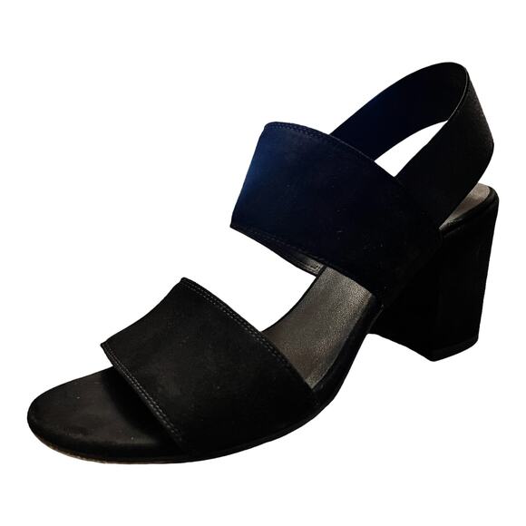 STUART WEITZMAN Suede Black Sandals Leather Block Heels Slingback Spain 8.5M EUC - Picture 1 of 10